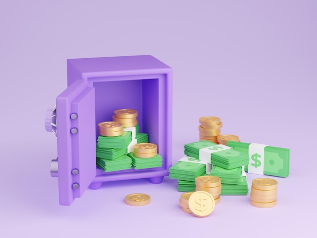 Safe box with money 3d render open purple strongbox filled and surrounded by pile of gold coins and paper cash