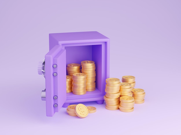 Safe box with money 3d render open purple strongbox filled and surrounded by pile of gold coins with dollar sign