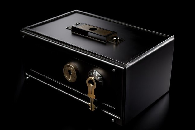 Safe deposit box with keyhole and lock on black background