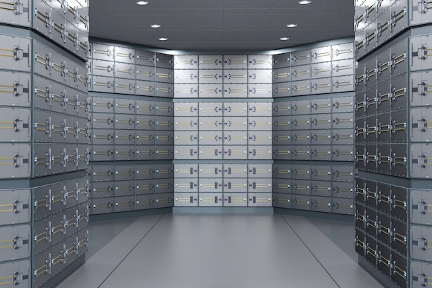 Safe deposit boxes inside bank vault interior