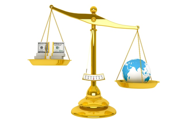 Safe the Earth. Ecology concept. Scale, Money and Globe on a white background