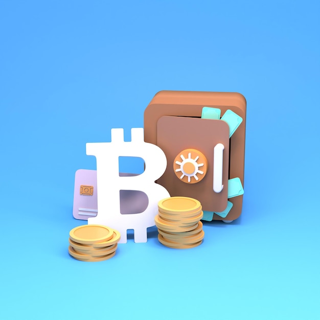 Safe with gold coins and bank cards around. Finance saving concept. 3d render illustration