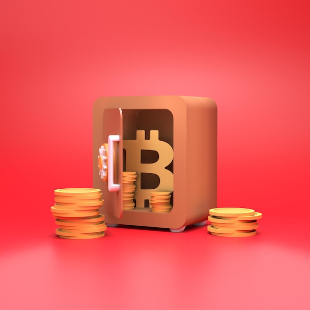 Safe with gold coins and bitcoin. Finance saving concept. 3d render illustration