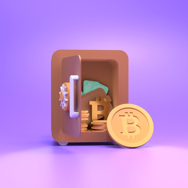 Safe with gold coins and bitcoin. Finance saving concept. 3d render illustration