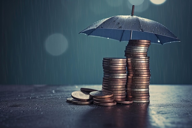 Safely Securing your Investment with Insurance Stacks of Coins and an Open Umbrella Against