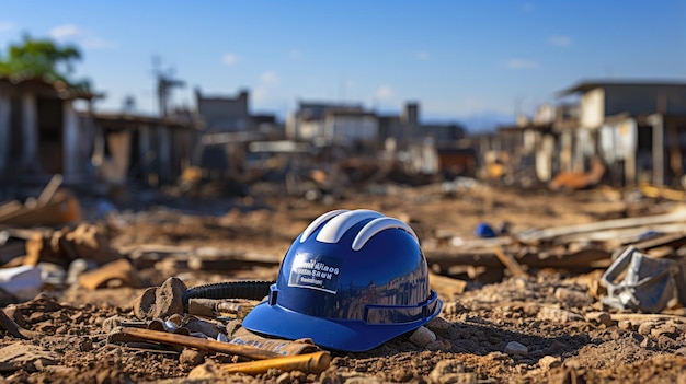 safety blue and white helmet on construction site with building construction background