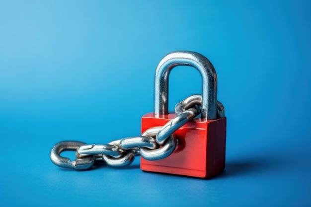 Safety concept Red chain and padlock on blue background Copy space