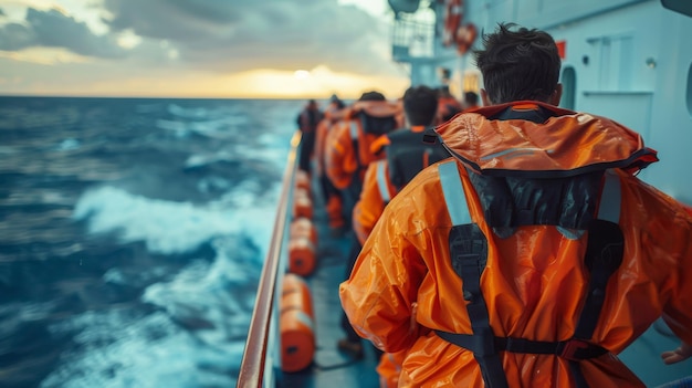 Photo safety drill crew members conducting a safety drill with passengers on the deck showing life jackets and lifeboats being demonstrated