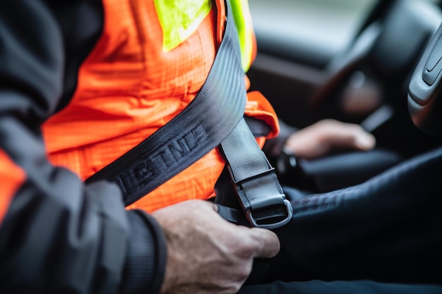 Photo safety first closeup of a man fastening his seatbelt