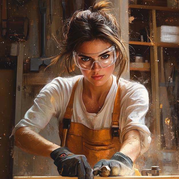 Photo safety first female carpenter wearing safety glasses in the workshop