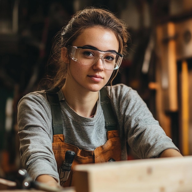 Photo safety first female carpenter wearing safety glasses in the workshop