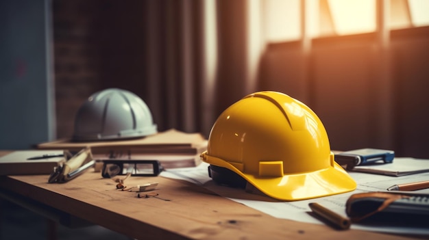 Safety gear and business deals Yellow helmet on construction desk