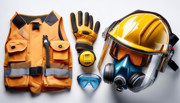 Photo safety gear set with helmet gloves respirator and life vest