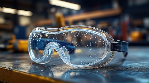 Photo safety goggles resting on a workbench ready for use