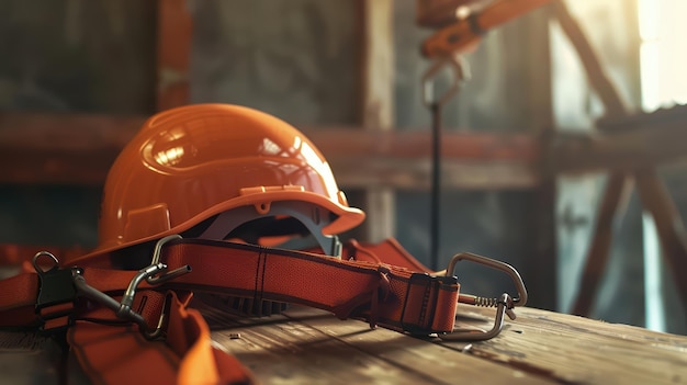 Safety harness and helmet on table construction background room for message warm tones