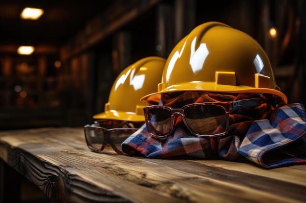 Safety hat and goggles resting on wood construction site photo