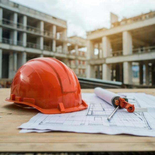 The safety helmet and the blueprint on table at construction site