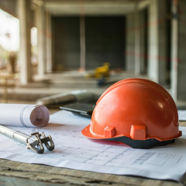 The safety helmet and the blueprint on table at construction site