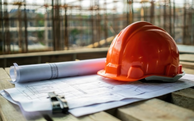 The safety helmet and the blueprint on table at construction site