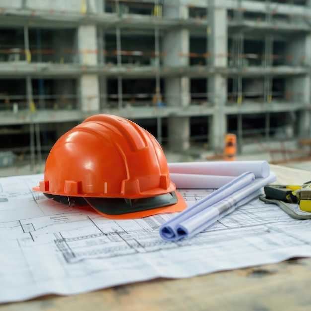 The safety helmet and the blueprint on table at construction site