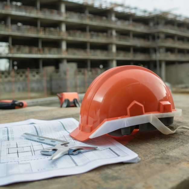 The safety helmet and the blueprint on table at construction site