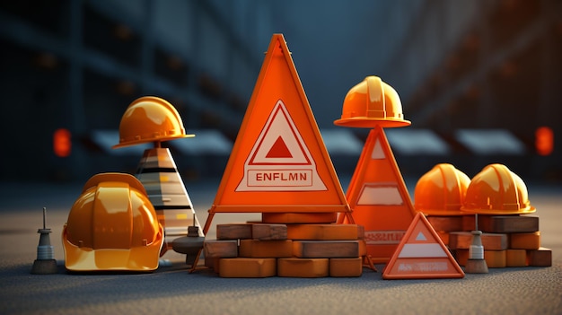 Safety helmet on signboard and traffic cones