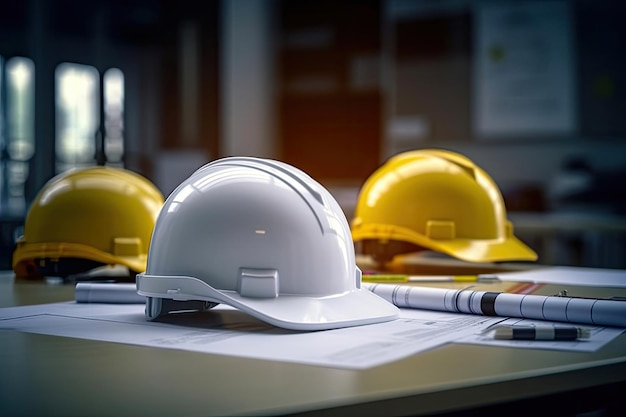 Safety helmet yellow and the blueprint on desks at construction site