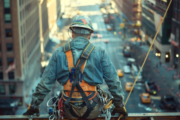 Safety Measures Construction Worker Wearing Safety Harness While Working at Height