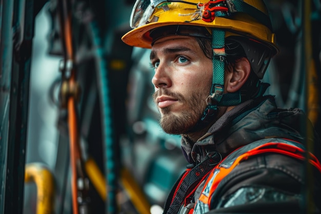 Safety Measures Construction Worker Wearing Safety Harness While Working at Height