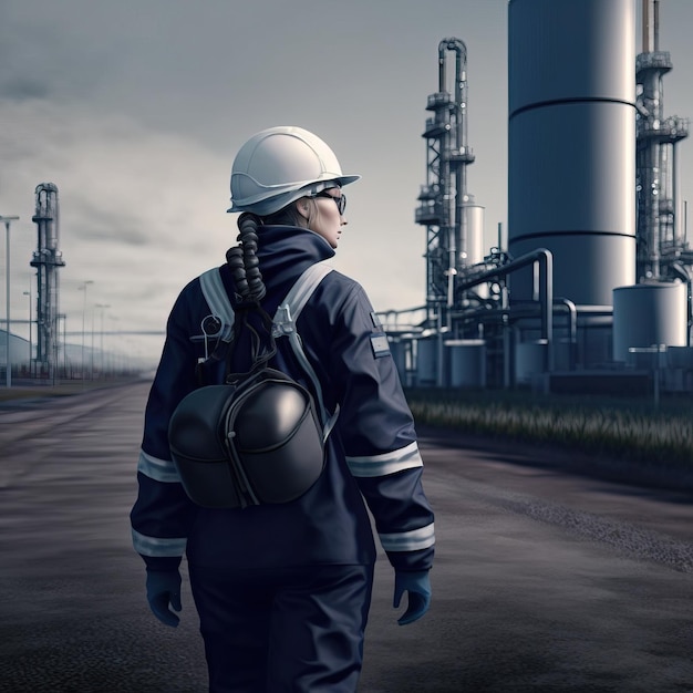 safety officer back view wearing hard hat supervising on job site generative AI