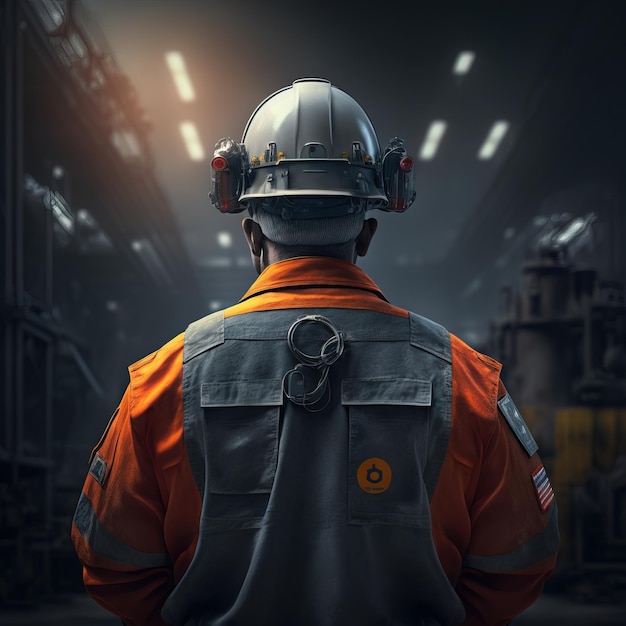 safety officer back view wearing hard hat supervising on job site generative AI