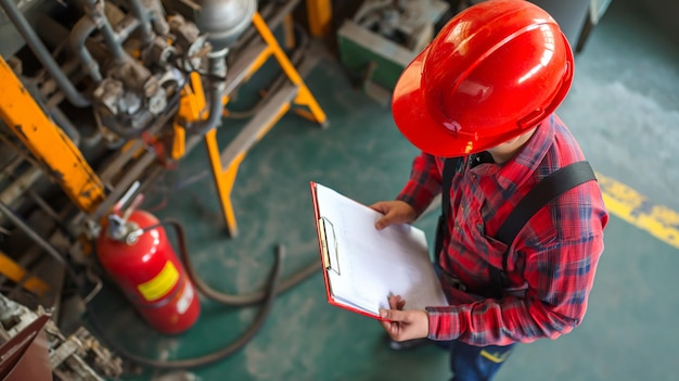 Photo safety officer worker checking a fire extinguisher in a warehouse industrial fire system control check by professional engineer write on clipboard