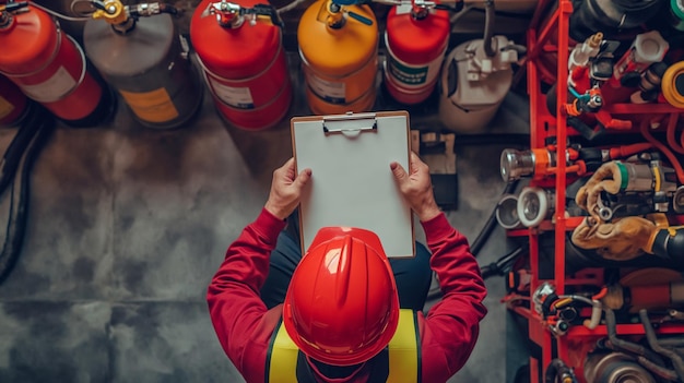 Photo safety officer worker checking a fire extinguisher in a warehouse industrial fire system control check by professional engineer write on clipboard