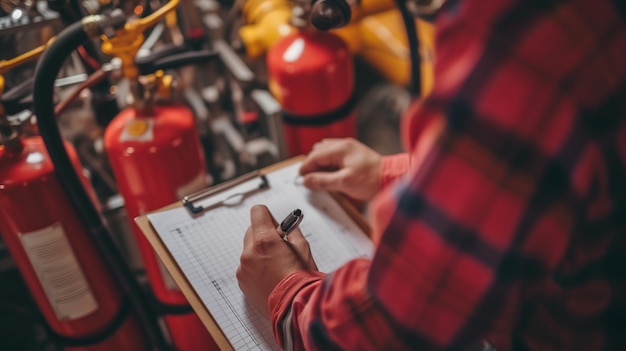 Photo safety officer worker checking a fire extinguisher in a warehouse industrial fire system control check by professional engineer write on clipboard