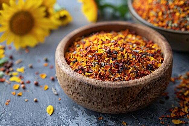 Photo safflower in the bowl on herbs