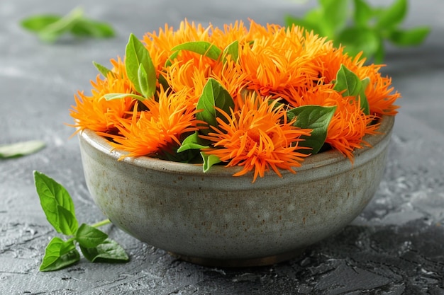 Photo safflower in the bowl on herbs