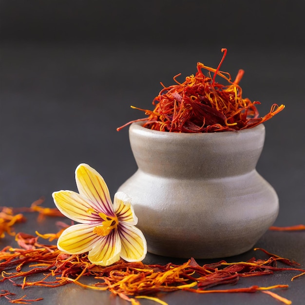 Saffron flower and white bowl