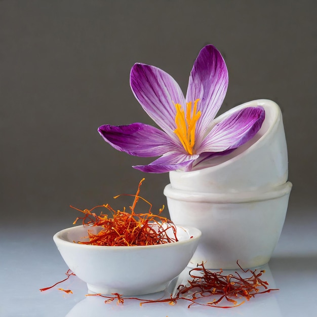 Saffron flower and white bowl