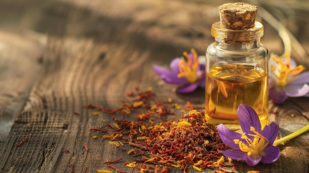 Saffron Oil in a Glass Bottle with Purple Crocus Flowers