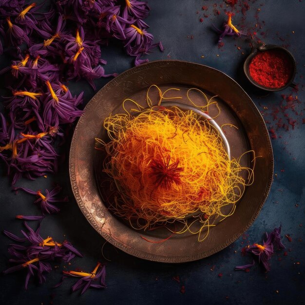 Saffron threads on a black background