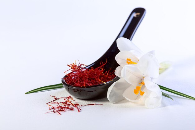 Saffron threads and white crocus flowers