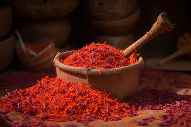 Saffron in a wooden bowl closeup Generative AI