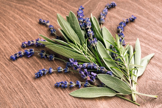 Sage leaves lavender and rosemary on a wooden background fresh spicy herbs