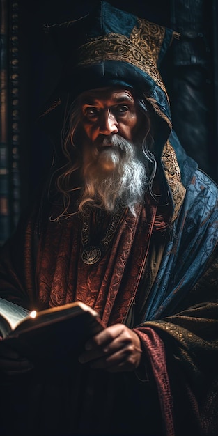 Sage sorcerer with a book in hands