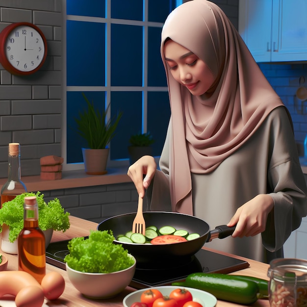 sahoor preparation asian woman muslim cooking food early morning