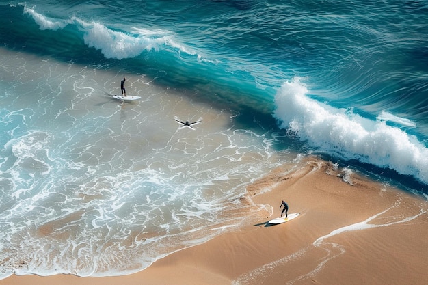 Sail along the shoreline where surfers paddle with generative ai