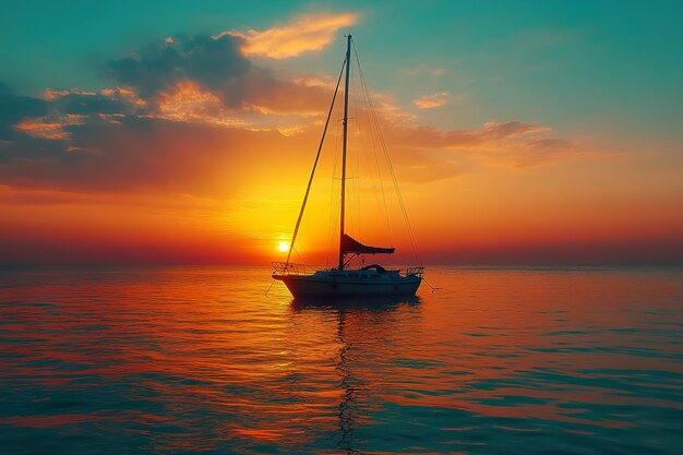 Photo a sailboat anchored near shore silhouetted against a vibrant sunset