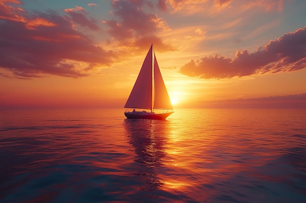 A sailboat anchored near shore silhouetted against a vibrant sunset