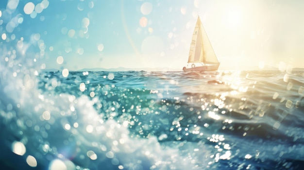 Photo a sailboat basks in the golden sun framed by sparkling waves and a vibrant sea capturing the essence of a perfect maritime adventure