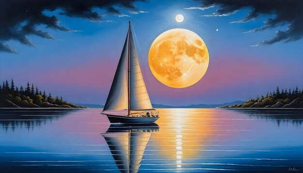 A sailboat on a calm body of water with a large detailed moon in the background during twilight